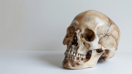 Naklejka premium Skull is sitting on a white table. The skull is white and has a brown tint. The skull is positioned in the center of the table