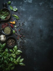 Black background with a variety of spices and herbs. The spices include basil, garlic, and pepper