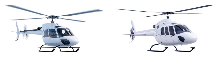Obraz premium Two modern helicopters with sleek designs, showcasing distinct features and rotor blades, positioned side by side.