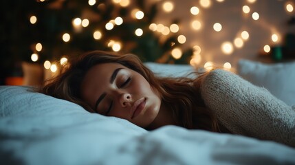 A peaceful woman sleeps soundly in a cozy sweater, surrounded by warm, blurred holiday lights, creating a serene and comforting nighttime atmosphere.