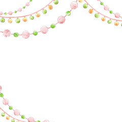 Fototapeta premium Christmas garlands frame border. Hand drawn watercolor illustration of string of lights isolated on white background. Can be used for postcard, invitation, scrapbook and other printed products.