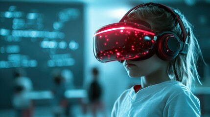 A child is immersed in virtual reality in a classroom setting, wearing a futuristic VR headset with glowing red lights, symbolizing technology and discovery.