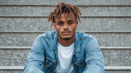 A young man with dreadlocks and a denim jacket sits on stone steps, looking directly at the camera, exuding confidence and a contemplative demeanor.
