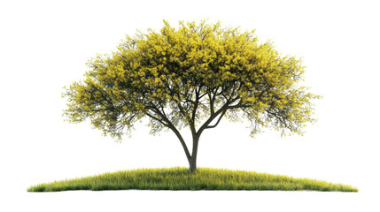 Obraz premium vibrant tree with yellow blossoms stands on small grassy hill, symbolizing growth and renewal. lush foliage and bright flowers create serene and uplifting scene