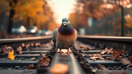 A vibrant pigeon with daring colors stands on a railway line amidst a backdrop of autumn leaves in a serene, picturesque urban setting capturing freedom and journey.