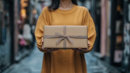 Fototapeta premium Woman holding a gift box in a city alley