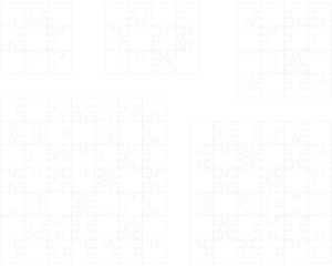 Illustration of five white puzzles, separate parts	