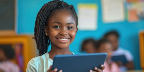 Young girl is smiling and holding a tablet. She is surrounded by other children in a classroom setting
