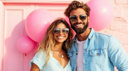 A cheerful couple in sunglasses stands closely together against a pink background with balloons, embodying joy, celebration, and togetherness in vibrant colors.
