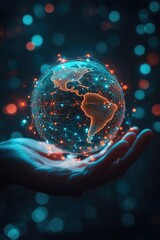 Hand is holding a glowing globe that is lit up with red and blue lights. Concept of wonder and awe at the beauty of the world and the technology that allows us to see it in such a way