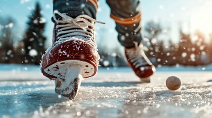 This image captures a person ice skating outdoors on a sunlit, snowy day, highlighting the skating motion and ice surface. The vibrant atmosphere suggests energy and excitement.