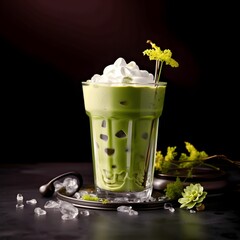 Iced matcha latte served in a clear glass with ice, whipped cream topping, a perfect combination, decorated with premium quality herbs, suitable for advertising product catalogs.