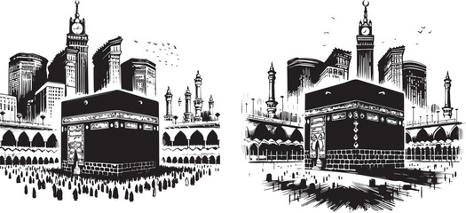 Holy Kaaba in Mecca Saudi Arabia Hand Drawn Silhouette Sketch