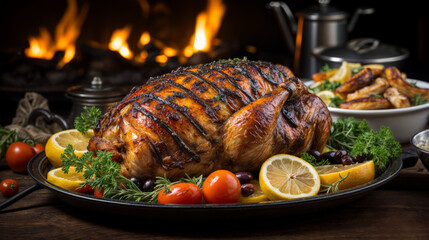 Appetizing Cooked and Roasted Poultry put into a platter with few lemon fruits and tomatoes in decorartion with a blurry table in background