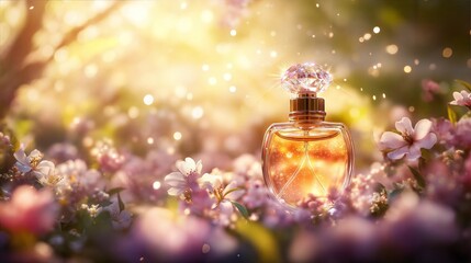 Elegant perfume bottle in blooming flowers under golden sunlight, a beautiful perfume bottle for advertising