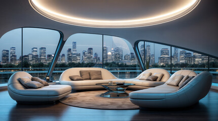 Very modern circular Living room in refined style mainly in light blue color with large ring for warm lighting and an ultra wide view on a big city