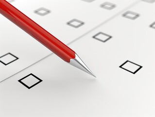 Red pencil is on a sheet of paper with a lot of check boxes. The pencil is pointing at a box, which is the only one that is not checked