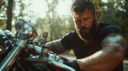 A rugged bearded biker, covered in tattoos, intensely focuses on riding his motorcycle through the woods, displaying strength, freedom, and the biker lifestyle.