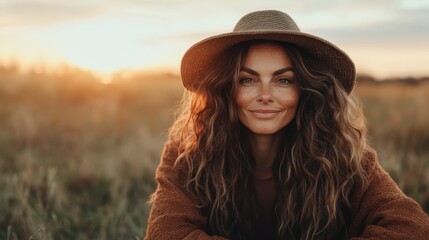 A woman in a broad-brimmed hat sits contentedly in a sunlit field, embraced by the warm hues of a setting sun, reflecting a moment of peaceful contemplation.