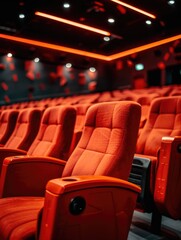 Fototapeta premium Red chair is in a movie theater. The theater is empty. The chairs are red and the seats are plush