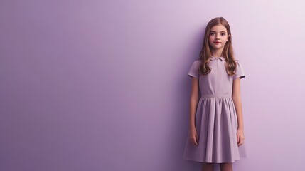 A teenage girl in a smart office dress, standing with arms by her sides, on a light purple background with ample empty space.