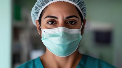 A close-up portrait of a focused healthcare professional wearing a surgical mask and scrubs, with depth and clarity showing dedication to patient care