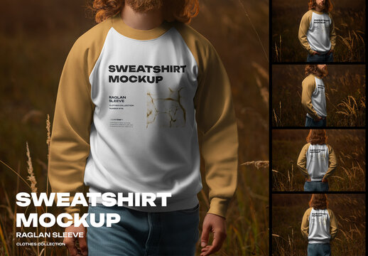 5 Mockups of Men's Raglan Sleeve Sweatshirt at Sunset