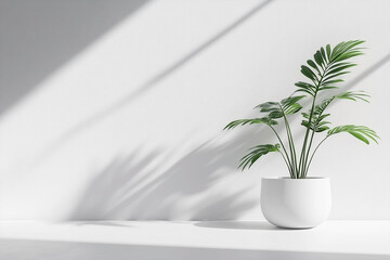 White Interior with Plant in Round Vase and Blank Space for Product Presentation