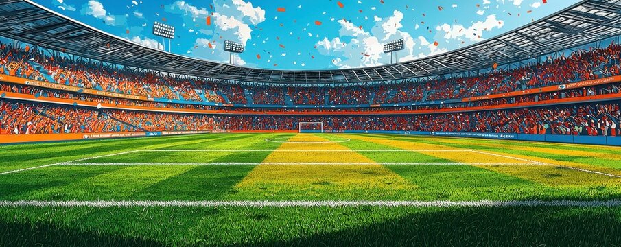 Colorful soccer stadium filled with cheering fans on game day