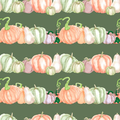 Hand drawn watercolor autumn pumpkins seamless pattern isolated on green background. Rural illustration Can be used for textile, fabric, scrapbook and other printed products.