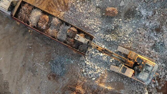 Aerial View of Truck and Excavator Collecting Metal Scrap at Demolition Site, 경기도 광명시 재개발 재건축