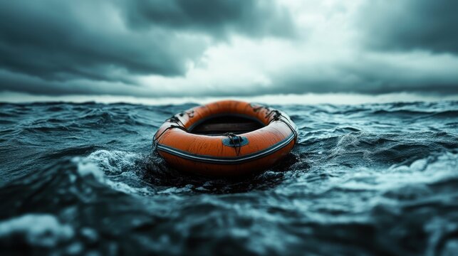 A single orange life raft navigates the rough water in a turbulent sea under dark, dramatic clouds, conveying isolation and survival amidst nature's challenges.