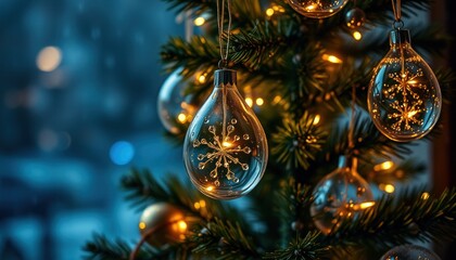 Christmas tree adorned with glistening ornaments and warm fairy lights against a blurred winter window background.