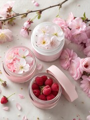 Naklejka premium Natural face or body cream with cherry and raspberry extracts.Pink cream jars with cherry flowers and raspberry on white