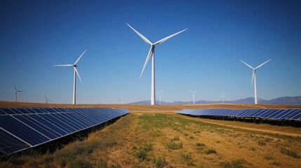 A field with wind turbines and solar panels, symbolizing the combination of renewable energy sources,