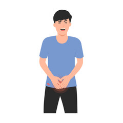 Flat vector illustration of a man holding urine frequently. Urinary tract infection. Painful urination.