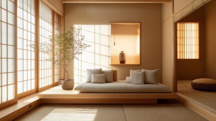 Minimalist interior design with natural light in a serene Japanese-inspired room