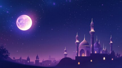 Fototapeta premium Enchanted Midnight Castle Landscape under the Starry Sky and Bright Moon