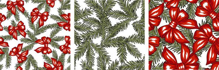 Hand drawn Christmas patterns set, collection of festive prints with red bows and green pine branches for festive decor vector illustration