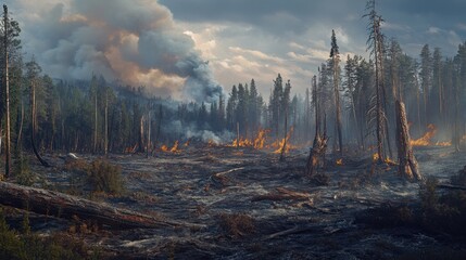 Forests are destroyed by wildfires, with charred trees and smoke in the background, highlighting the effects of climate change.