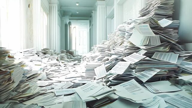 A large pile of paper in an office, Overflowing documents and papers, A large pile of paper documents sits in an office hallway	
