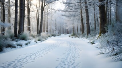 Naklejka premium Serene winter forest path with snow-covered trees and footprints in the snow. Peaceful winter wonderland scene concept