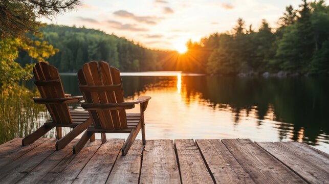 Two wooden Adirondack chairs are situated on a rustic dock, providing a splendid view of the calm lake surrounded by lush greenery as the sun rises over the horizon.