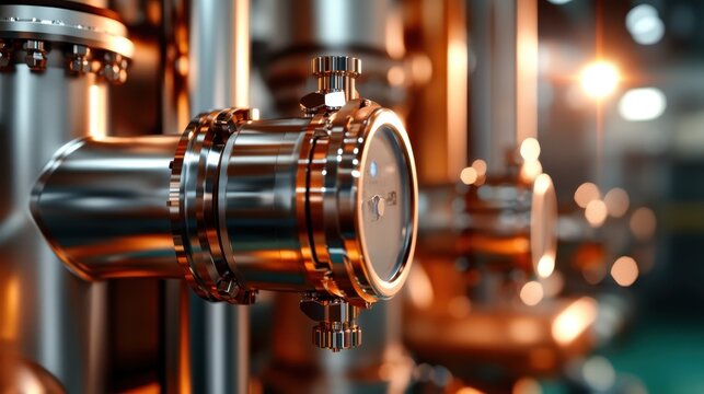 The image displays an array of polished industrial pipes and valves, highlighting the clean surfaces and precision involved in modern mechanical systems.