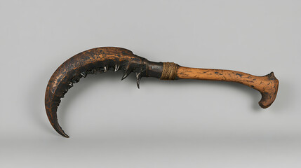 Obraz premium Ancient crescent-shaped weapon, wooden handle, serrated blade, ethnographic artifact, tribal tool, cultural heritage.