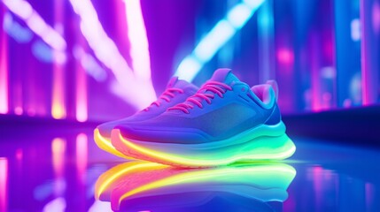 Neon Glow Sneakers in Futuristic Lighting. Stylish sneakers with glowing neon soles displayed under vibrant purple and blue futuristic lights, reflecting a modern aesthetic.
