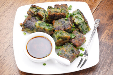 Fried chive dumplings and sweet black soy sauce sauce, Chinese food