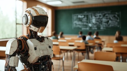A humanoid robot stands at the front of a classroom, amidst young students, symbolizing the integration of advanced technology in education settings.