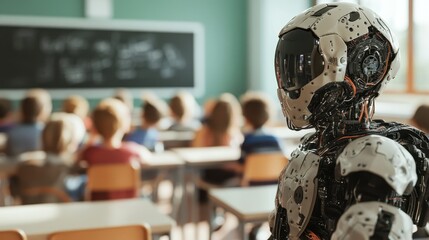 A cutting-edge robot stands before young students in a classroom setting, showcasing technological advancement and its role in modern education systems.