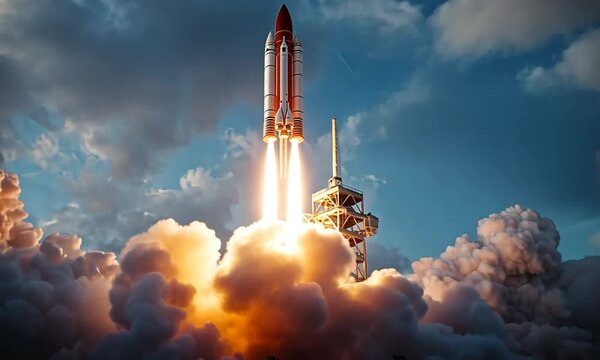 A rocket launching into the sky, surrounded by clouds and smoke, symbolizing space exploration.